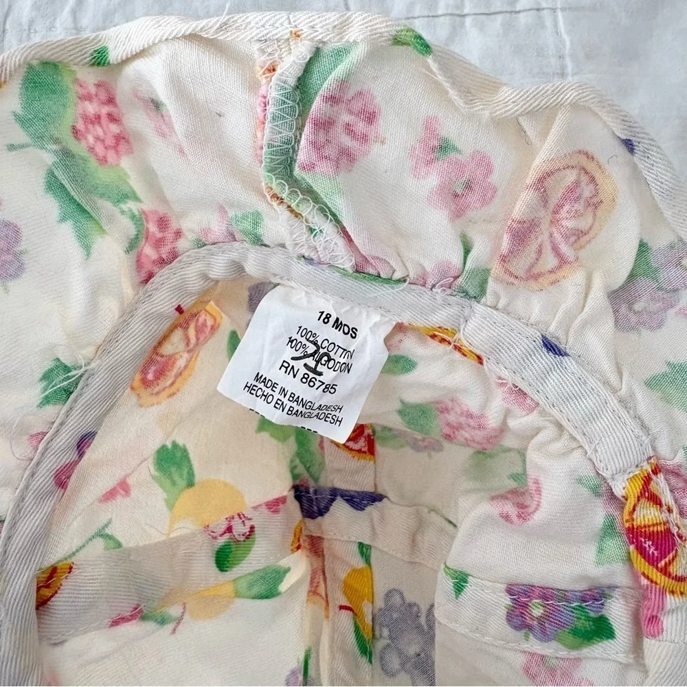 Vintage Kids Fruit Print Floral Ruffle Wide Brim Sun Hat Size 18 Months